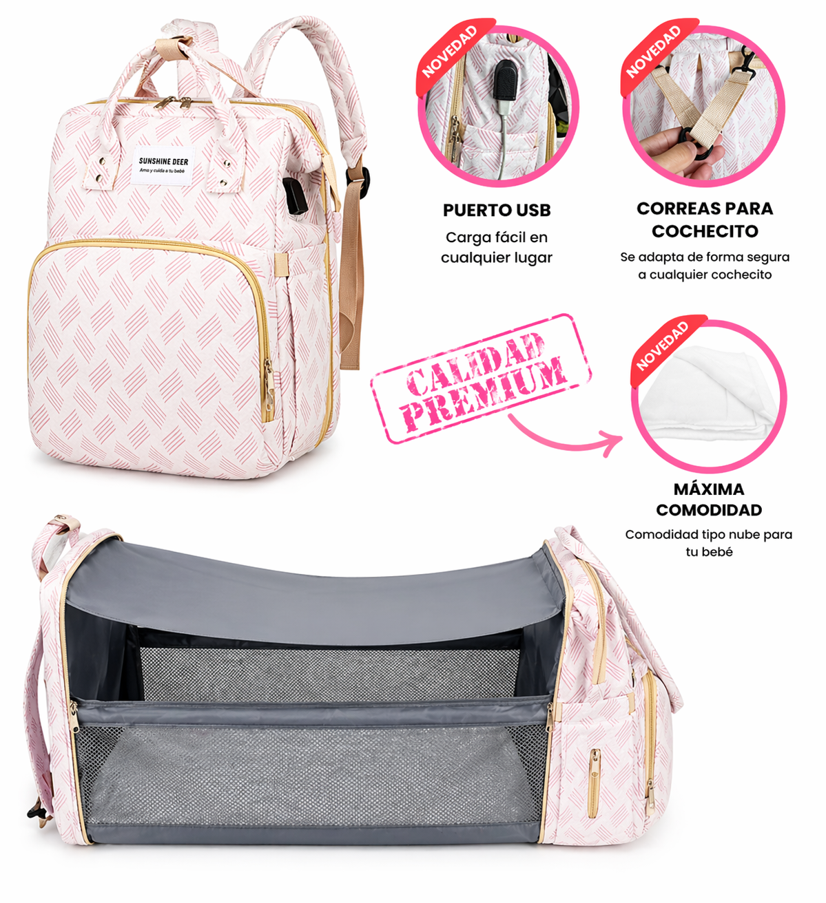 Bebenido™ Mochila Bebé 3 en 1 con Cuna Portátil y USB